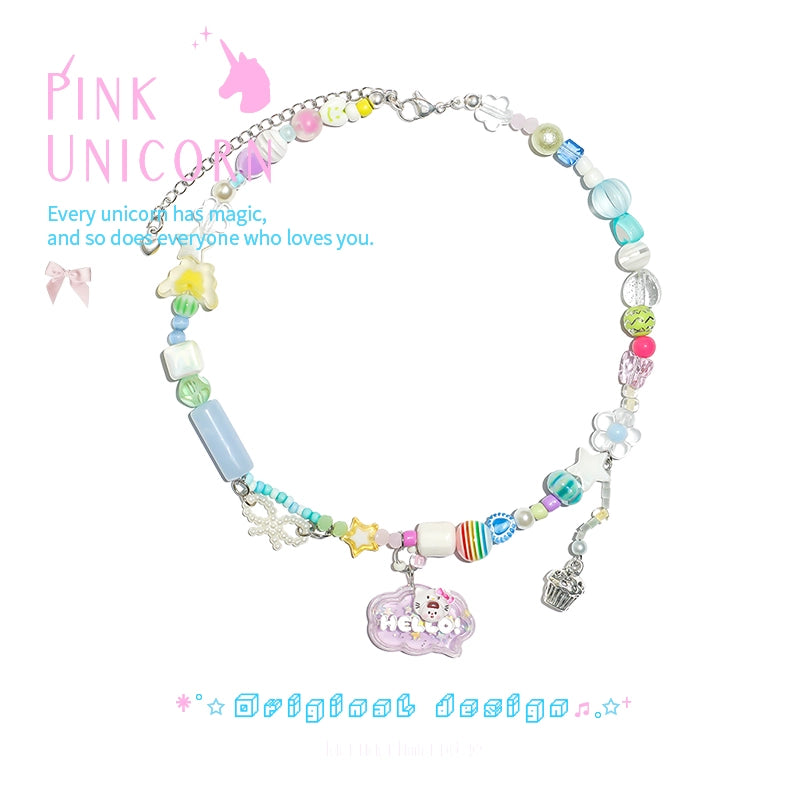 Harajuku Dopamine Kitty Tag Necklace – Candy Color Beaded Choker necklace pink unicorn