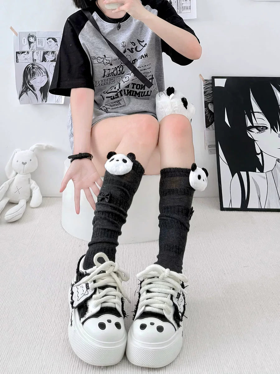 2 Bears Ruched Socks | Panda Calf Socks sock 2 bears Grey