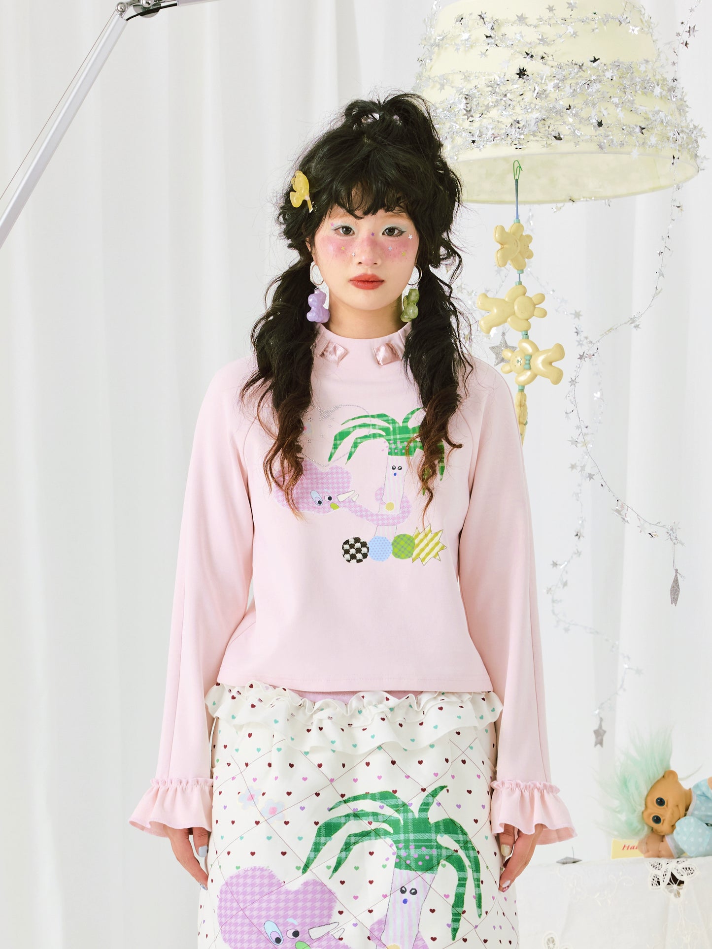 Harajuku T-shirt Pink Cotton Feel Colorful Print Long Sleeve Crop T-Shirt shirt HELPHELP