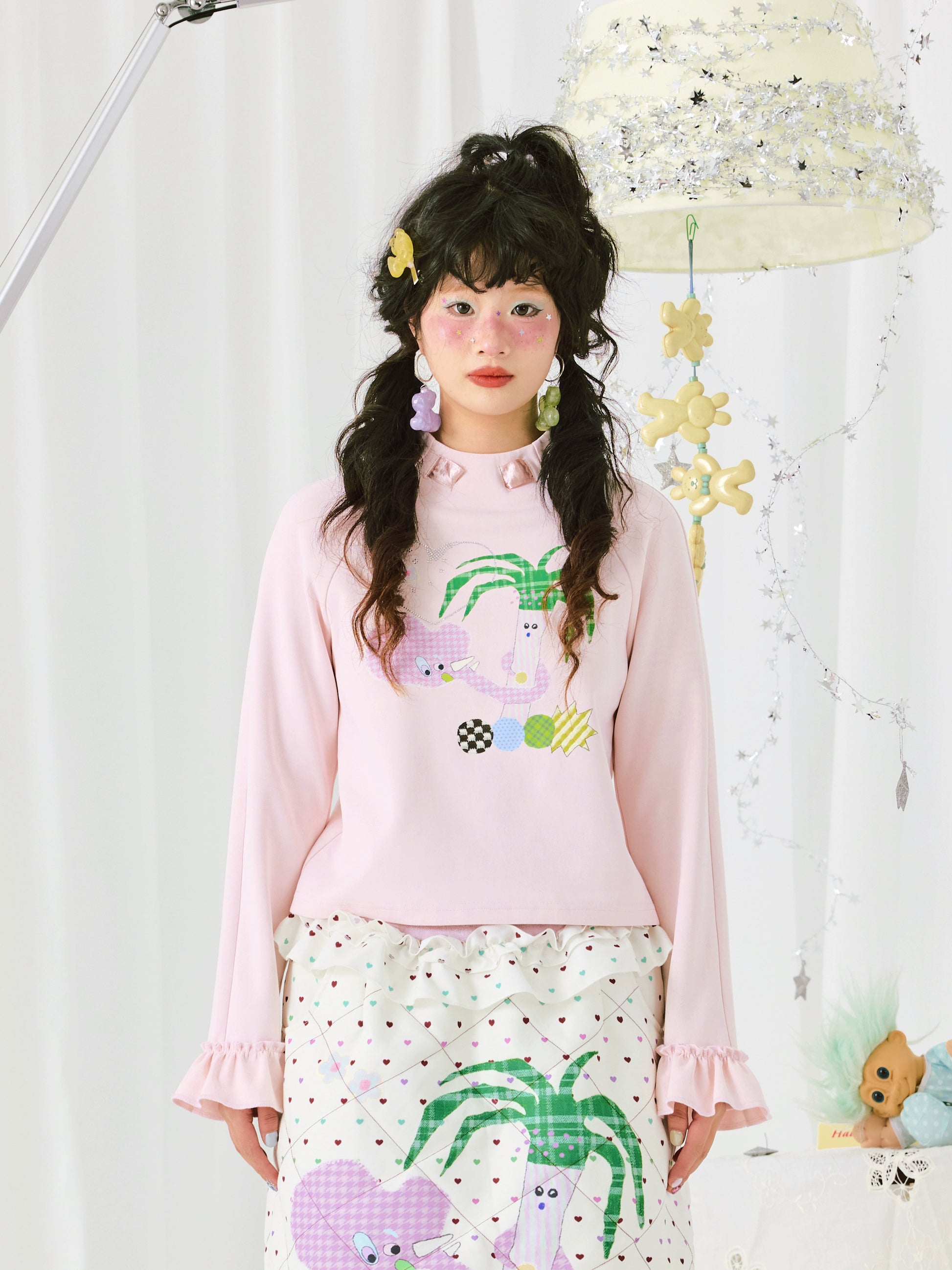 Harajuku T-shirt Pink Cotton Feel Colorful Print Long Sleeve Crop T-Shirt shirt HELPHELP