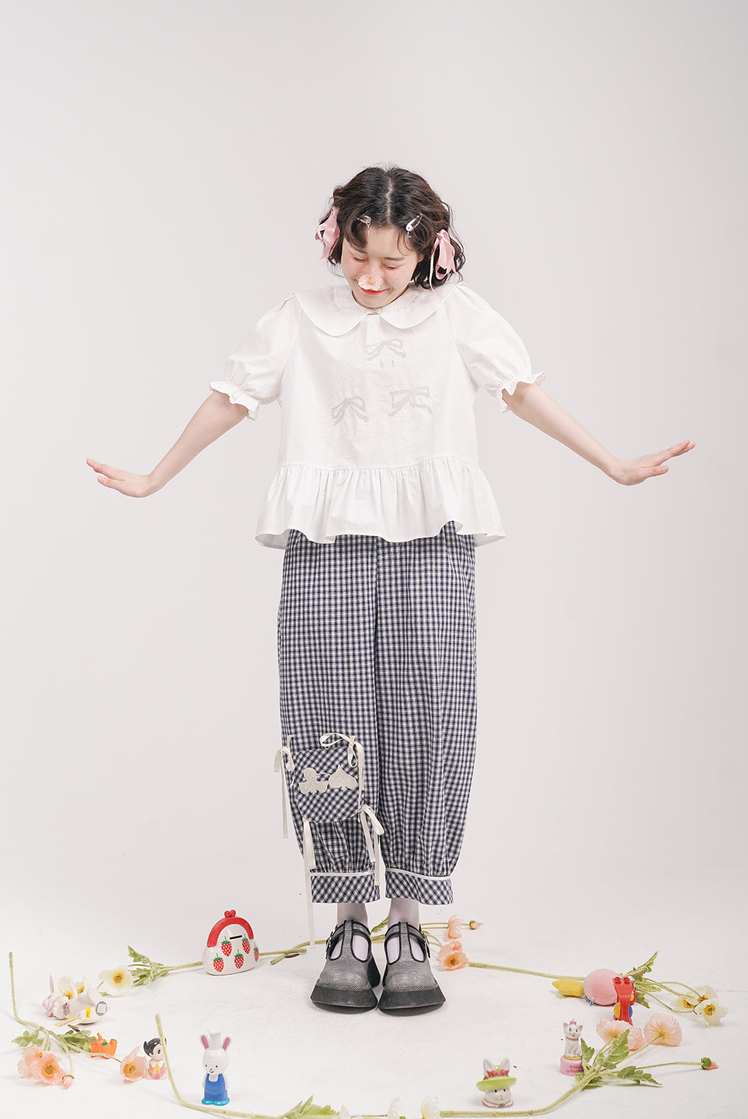 Harajuku Pants Original Summer Detachable Tie-Up Checkered Cropped Pants pants HELPHELP