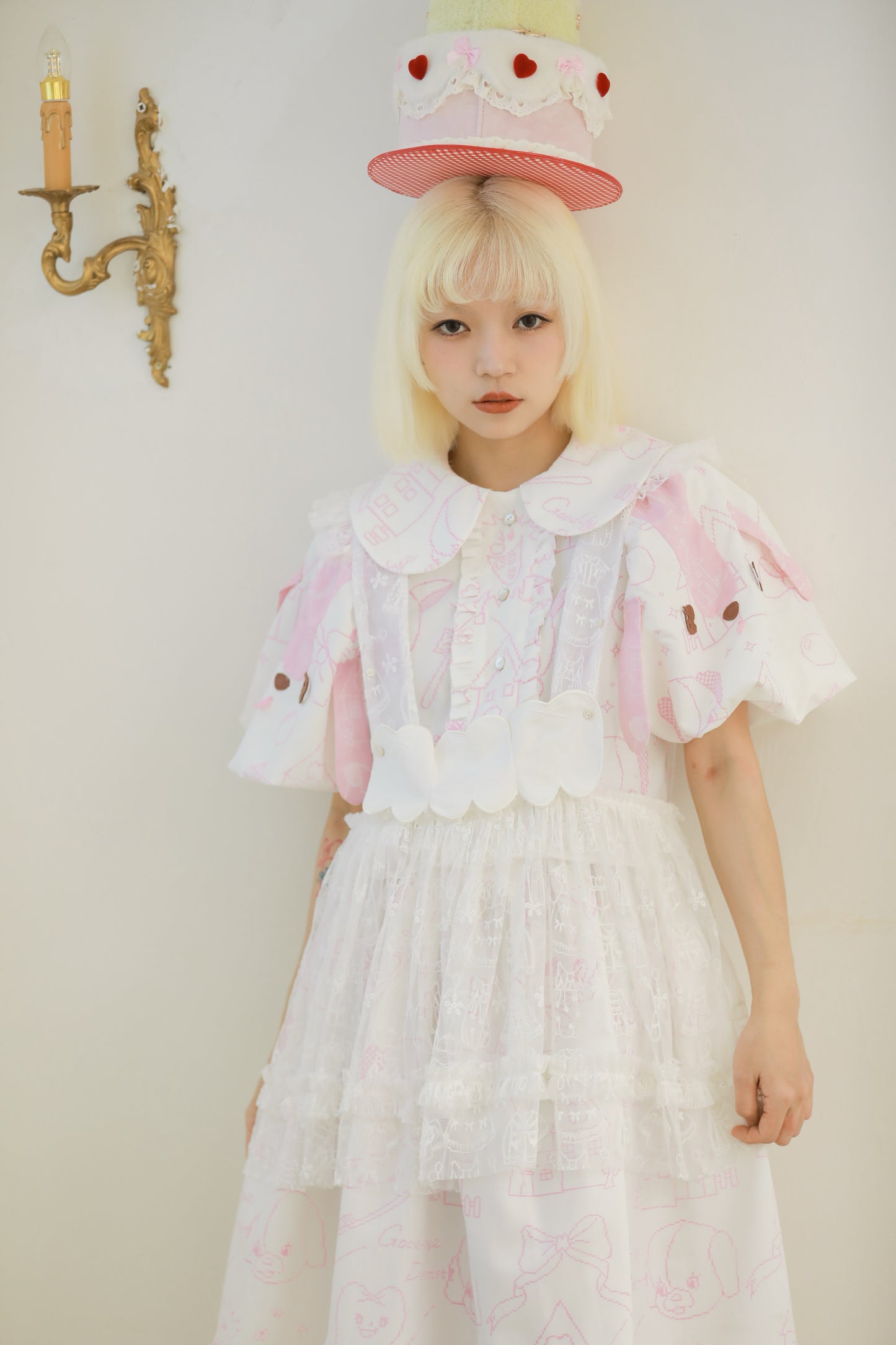 Meugler Cross-Stitch Print Doggy Puff Sleeve Princess Dress in Powder Pink & White dress Meugler