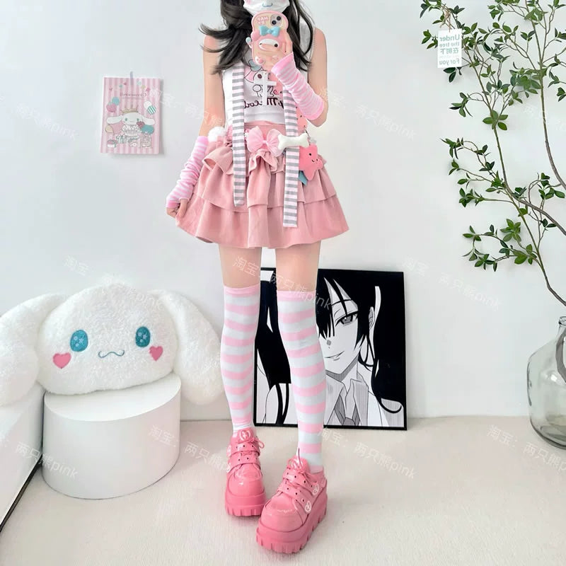Colorful Stripes Socks Colorful Overknee Socks Punk JK Socks sock 2 bears Pink