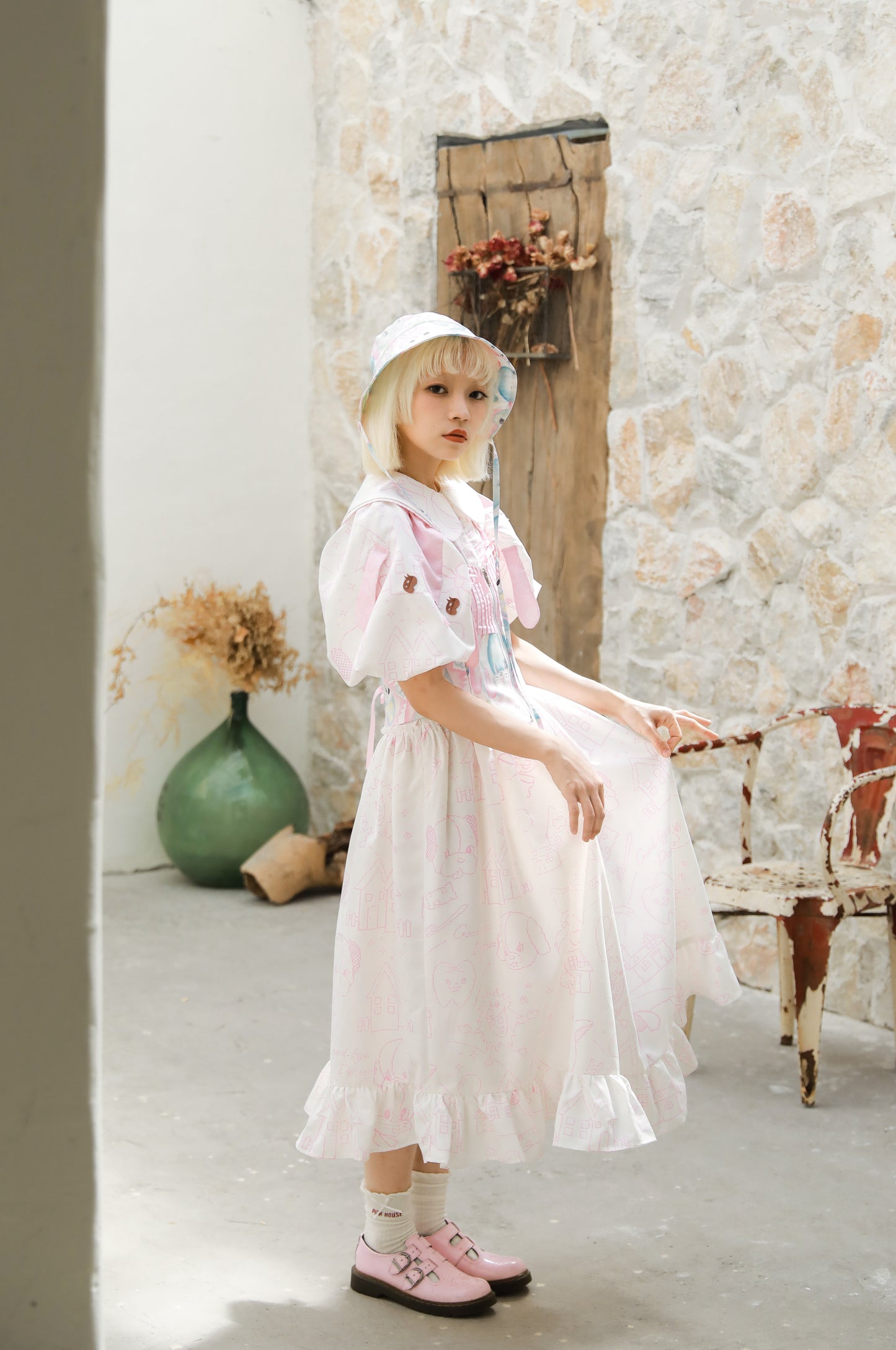 Meugler Cross-Stitch Print Doggy Puff Sleeve Princess Dress in Powder Pink & White dress Meugler
