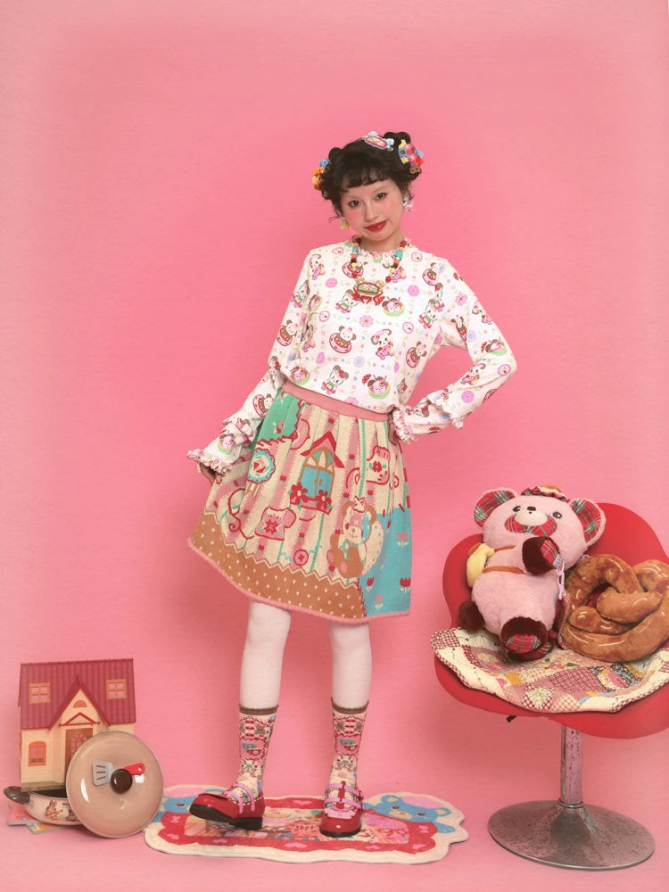 Harajuku Skirt Vintage Bear Reversible Knit Skirt Shell Lace Trim Skirt skirt Lutra Jump