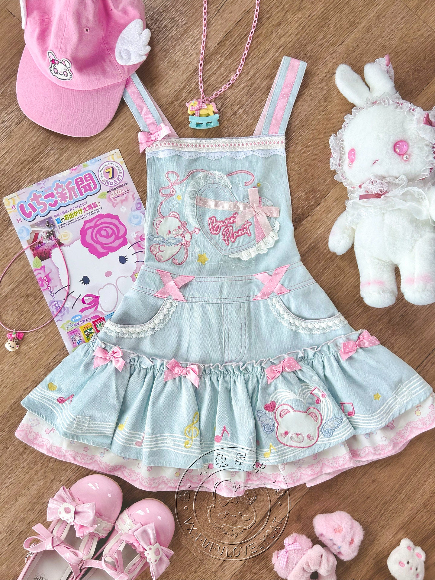 Bunny Planet - Bear Embroidered Suspender Dress overall bunnyplanet Blue S