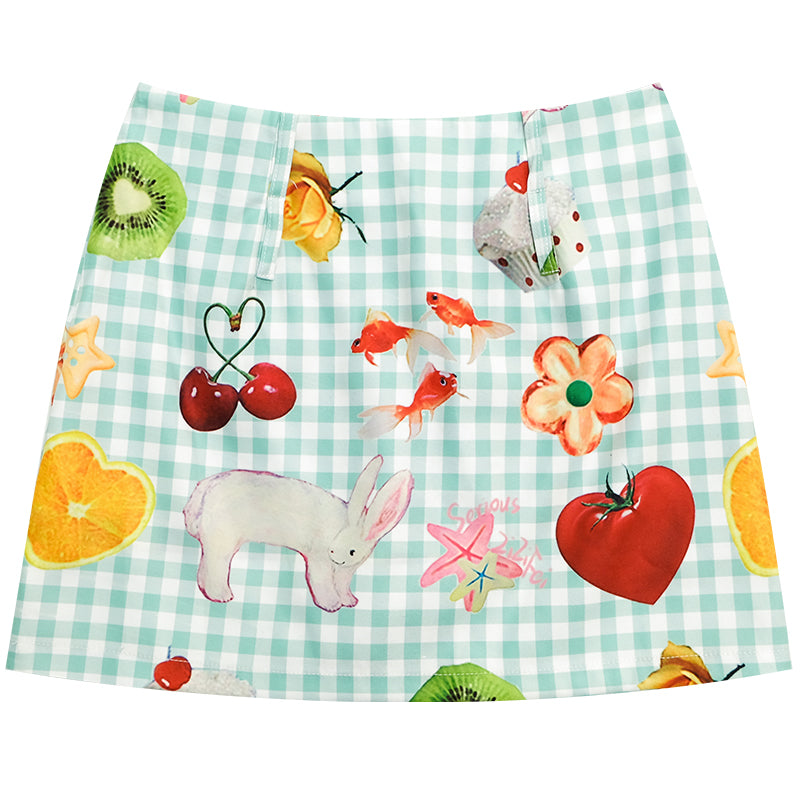 ziziFei - Girly Fruit Print Plaid High Waist Mini Skirt skirt ziziFei Green S