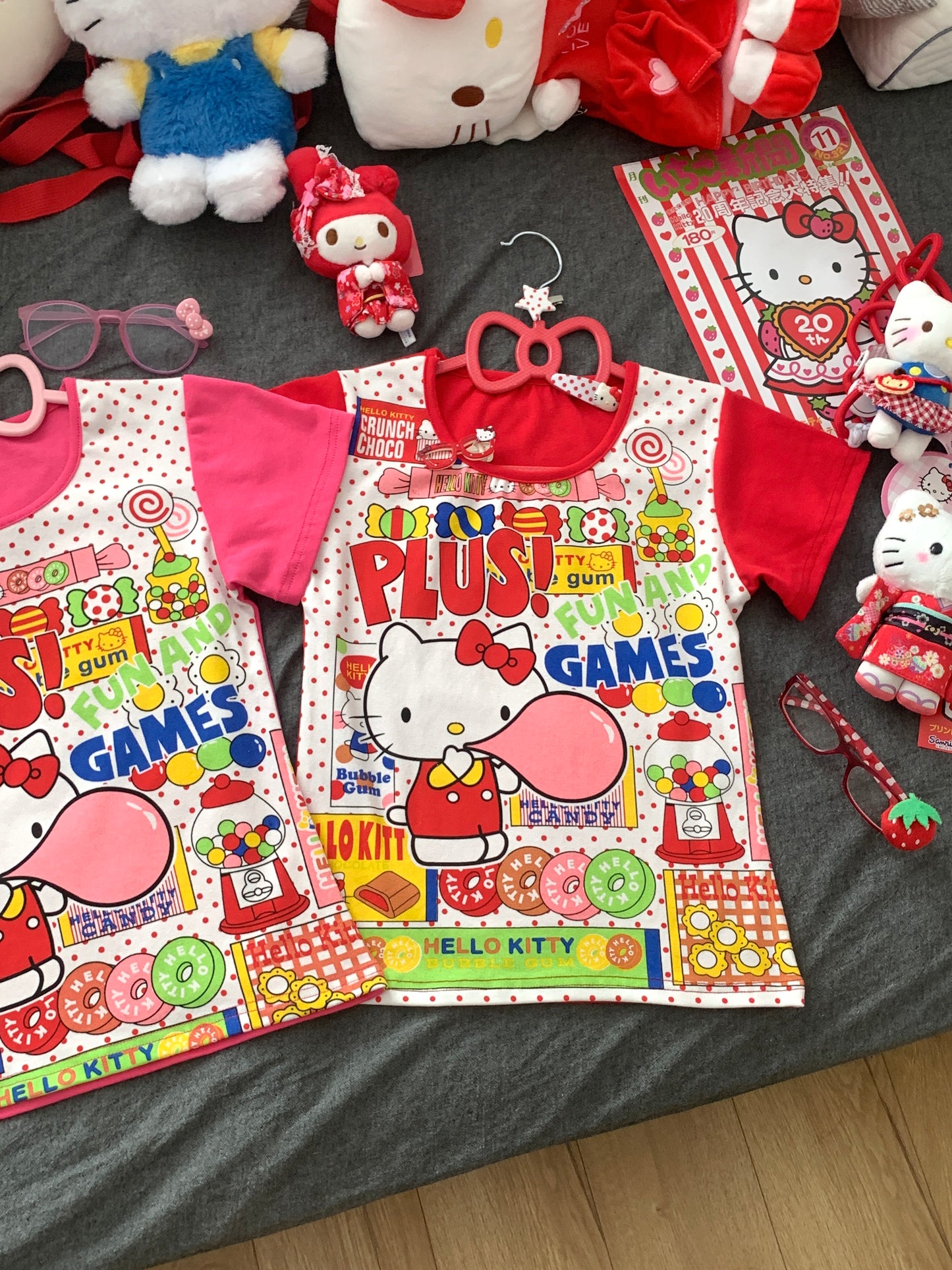 Decora Kei Set – Kitty Tee & Polka Dot Skirt set Blurred Bear Kitty Red Top Only S