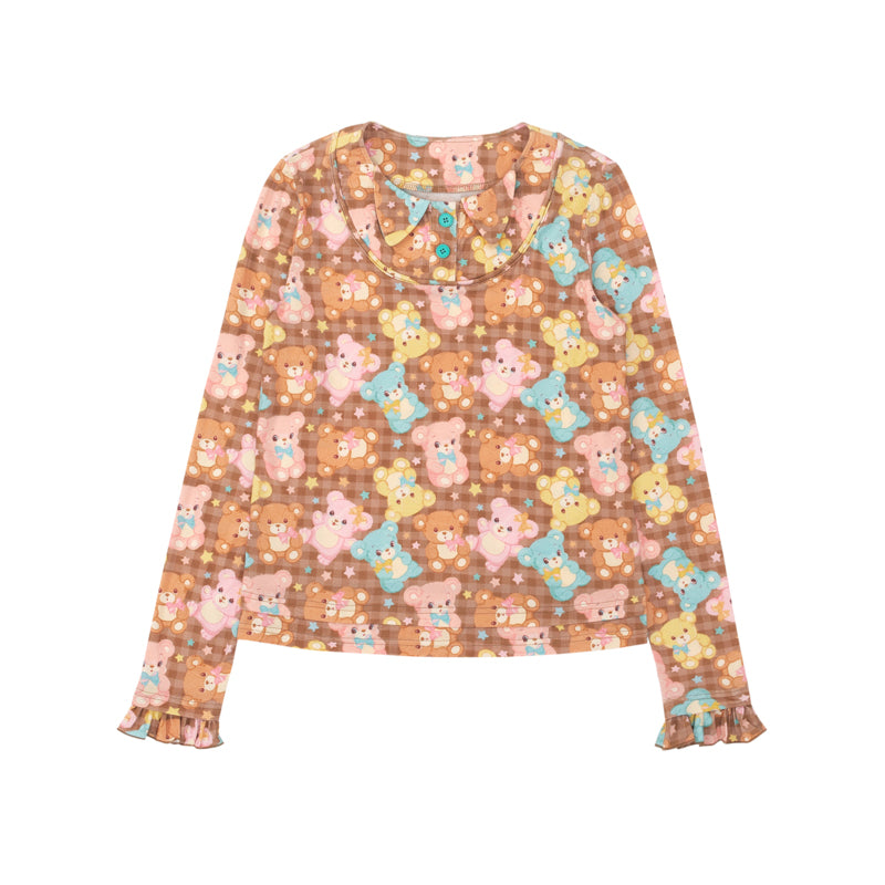 Lutra Jump - Decora Kei Bear Print Layered Long Sleeve Top shirt Lutra Jump Brown S