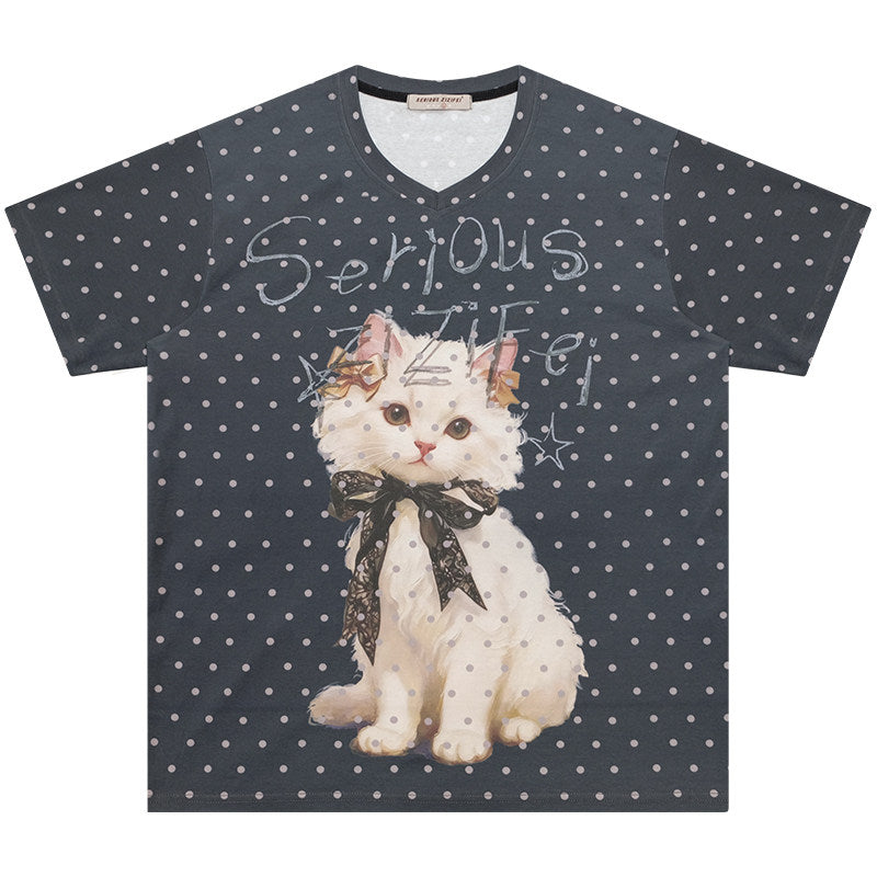 ziziFei - California Dream Cat Print V-Neck Tee tshirt ziziFei Grey S