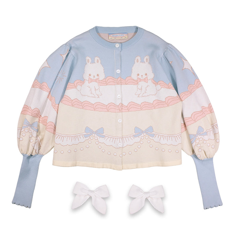 Meugler Bunny Cream Cake Lolita Sweet Bow Short Knitted Cardigan with Leg-of-Mutton Sleeves cardigan Meugler