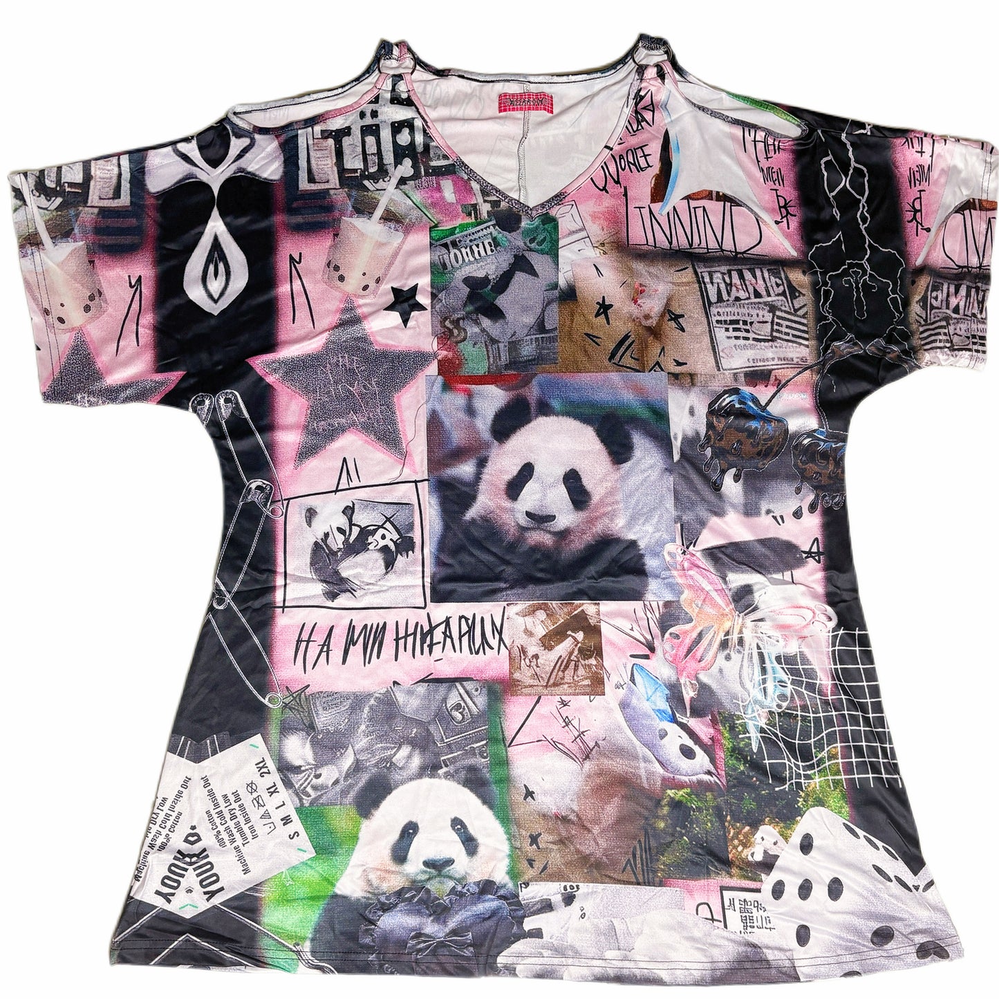 LEERROO - Y2K Panda Print Cold Shoulder Top shirt Leerroo