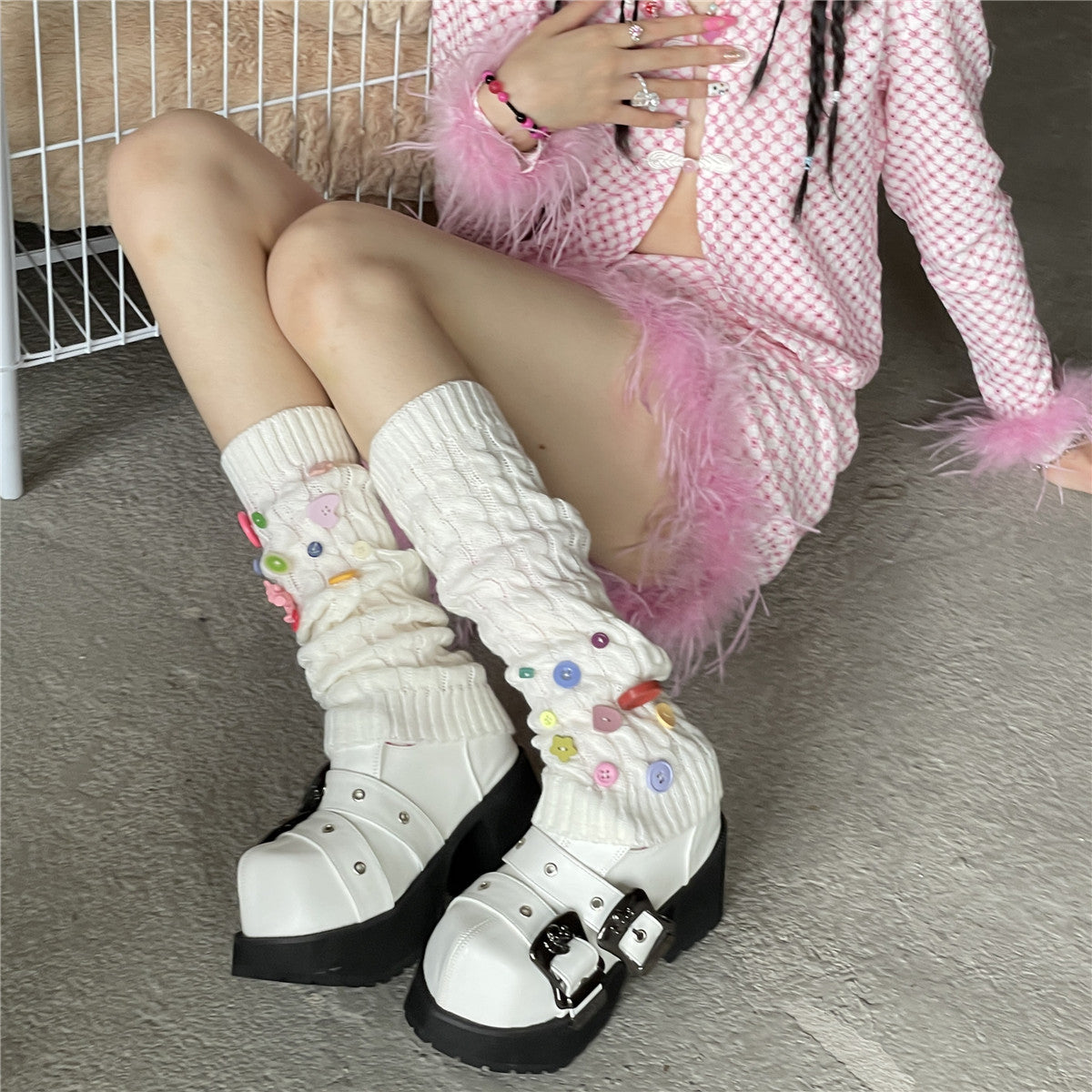 LET ME SEE – Decora Kei Multicolor Cable Knit Buttoned Leg Warmers leg warmmers let me see White