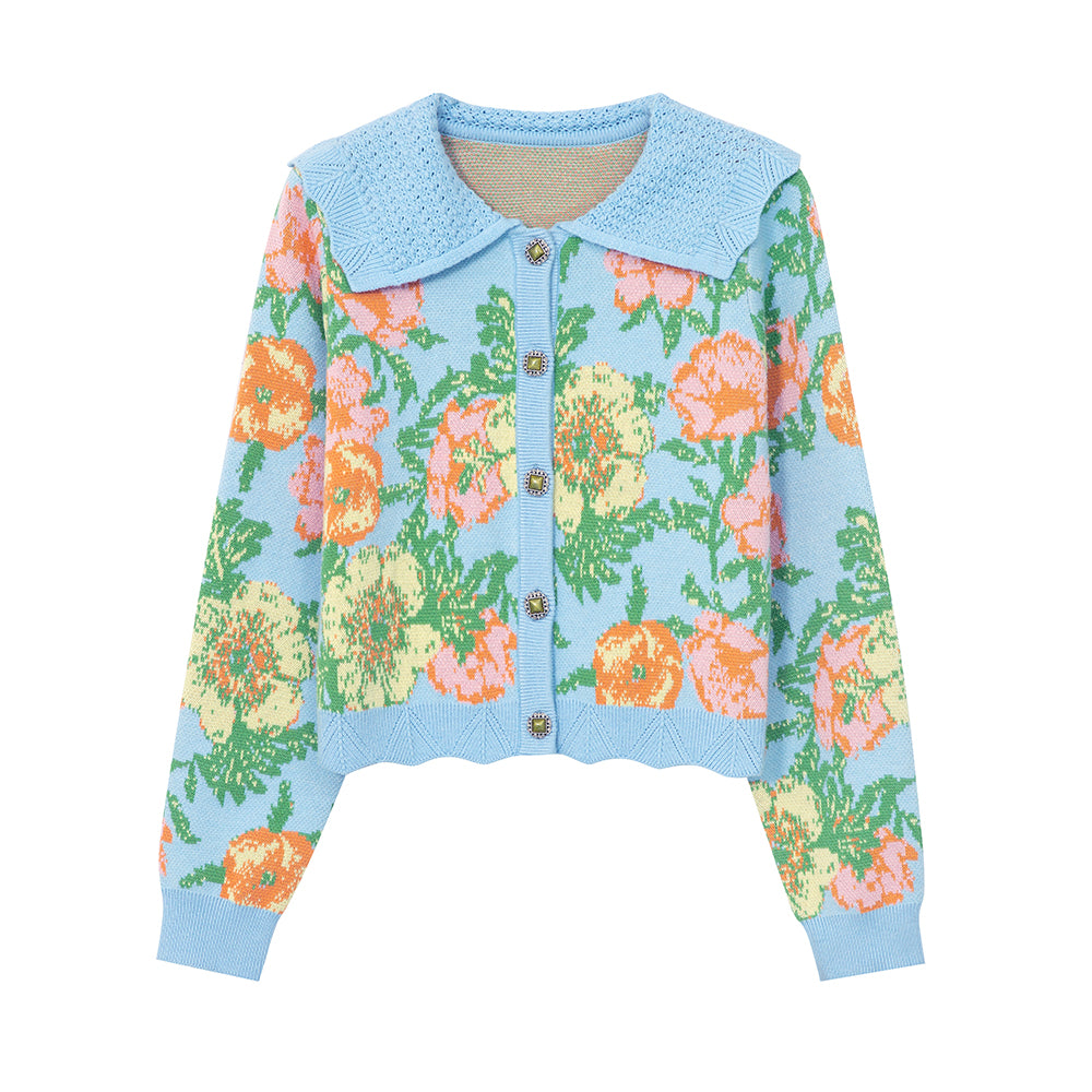 tntntutu Blue Floral Knit Cardigan | Vintage Loose Sweater | Soft Short Knitwear cardigan tntntutu