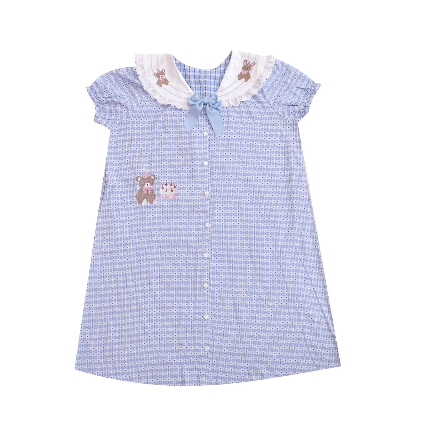 SemenCoicis Vintage Sailor Collar Dress | Kawaii Bear Motif & Heart Check Dress dress SemenCoicis