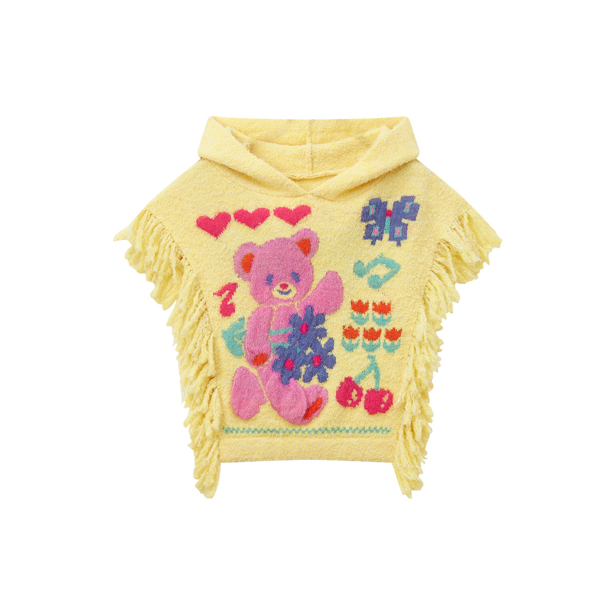 tntntutu - Dopamine Yellow Bear Knit Hooded Cape Kawaii Fringe Shoulder Poncho cape tntntutu