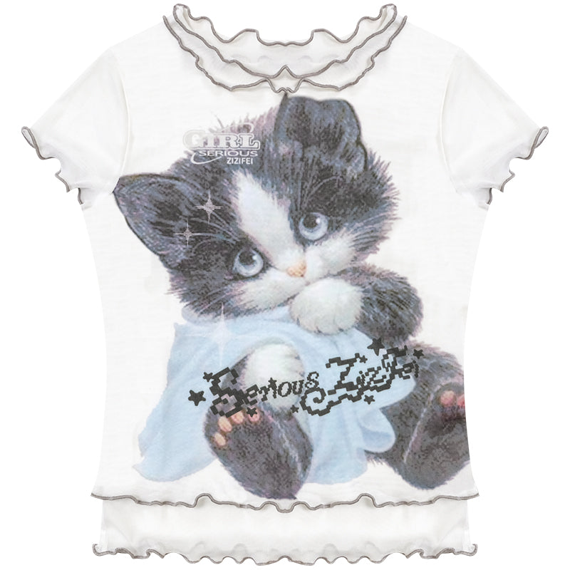 ziziFei - Girly Cat Print Mesh Layered T-Shirt tshirt ziziFei White S