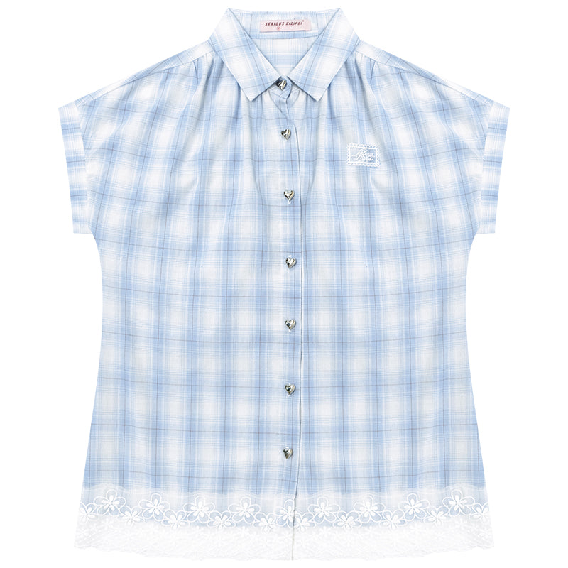 ziziFei - Girly Blue Plaid Lace Short Sleeve Shirt shirt ziziFei