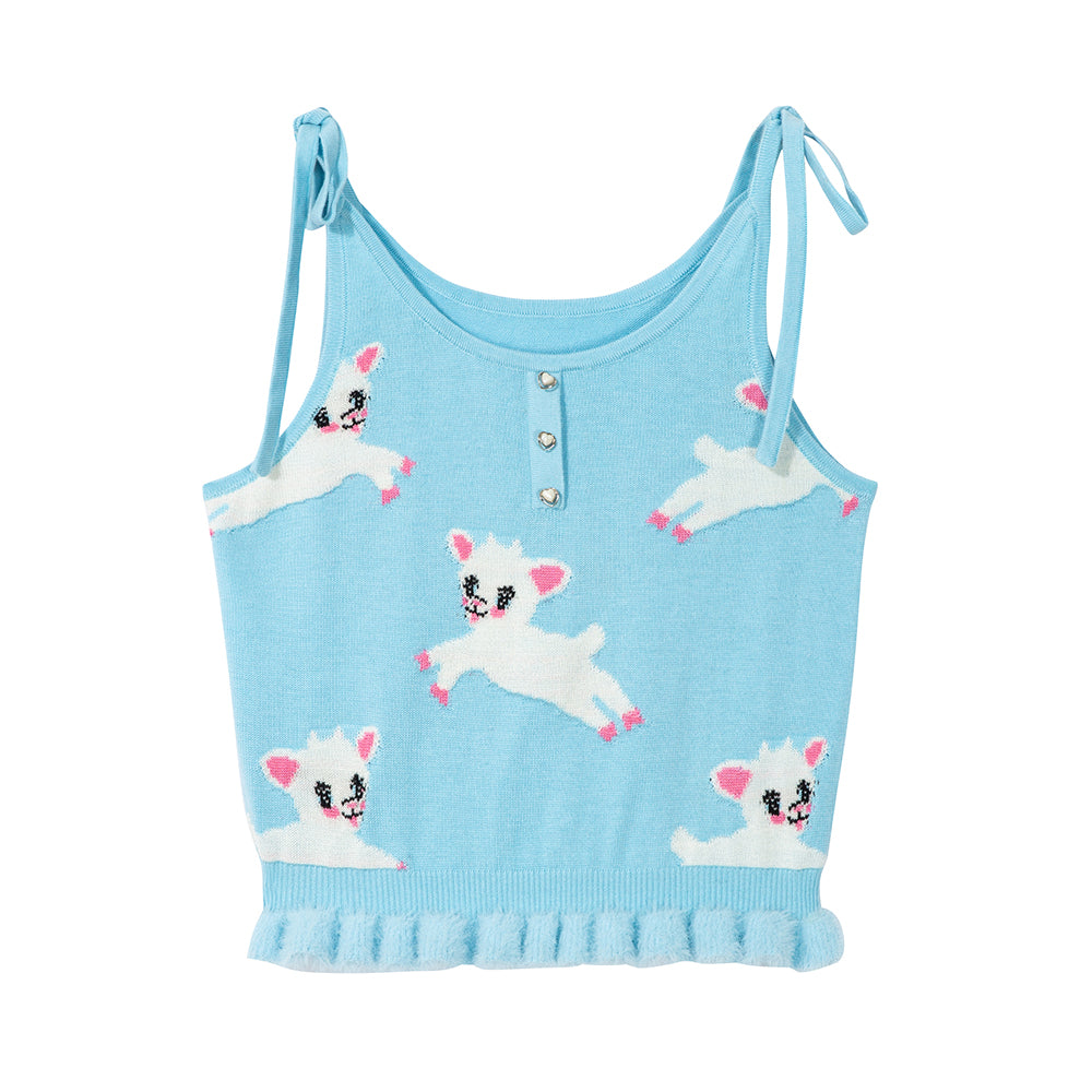 Tntntutu Knitted Set Blue Lamb Illustration Knitted Set Furry Flared Skirt Cozy Top set tntntutu Camisole S