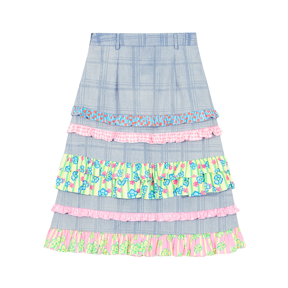 Tntntutu Skirt | Light Blue Lace Denim Skirt | Plaid A-Line High Waist Skirt skirt tntntutu