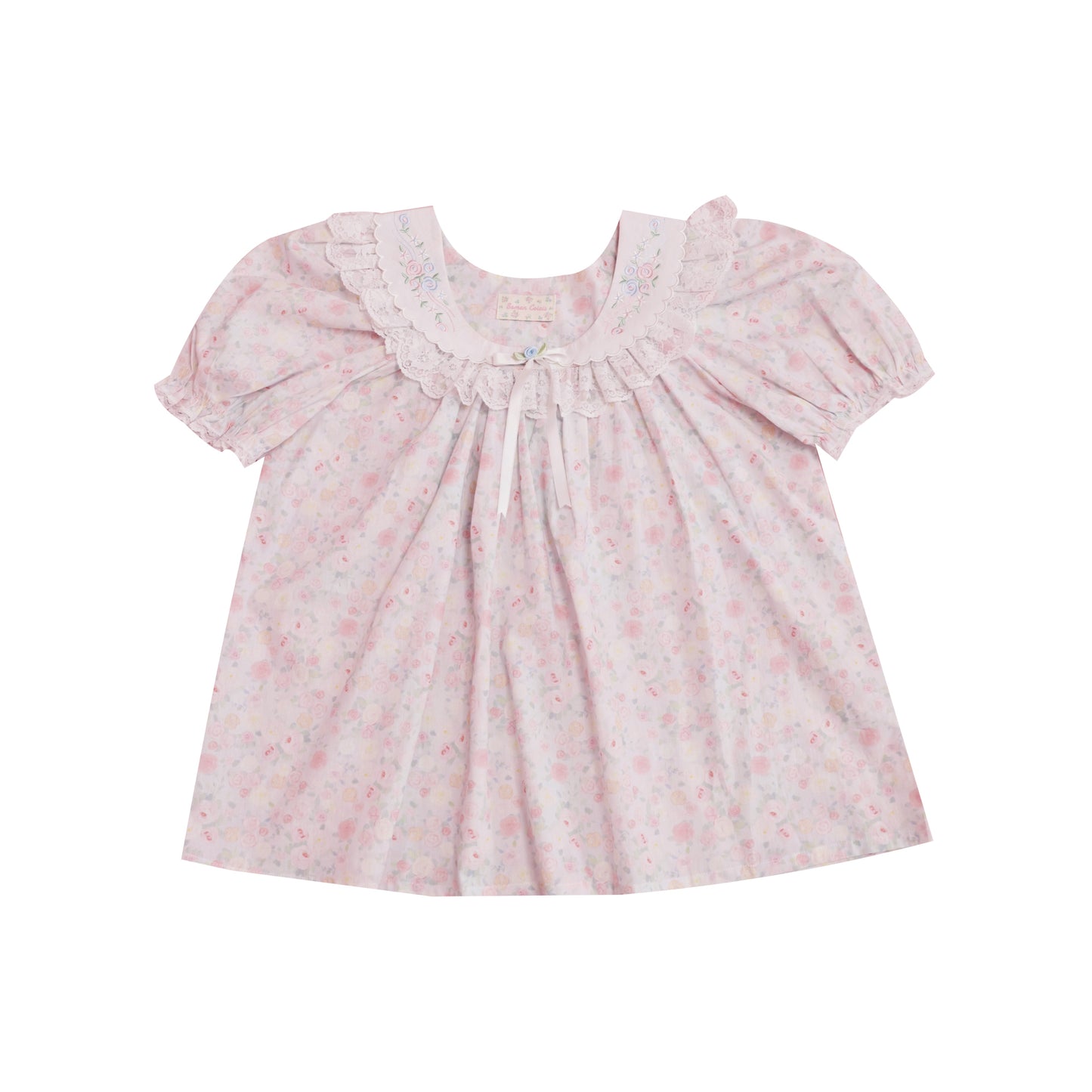 SemenCoicis – Vintage Rose Print Puff Sleeve Top with Butterfly Lace Embroidery blouse SemenCoicis