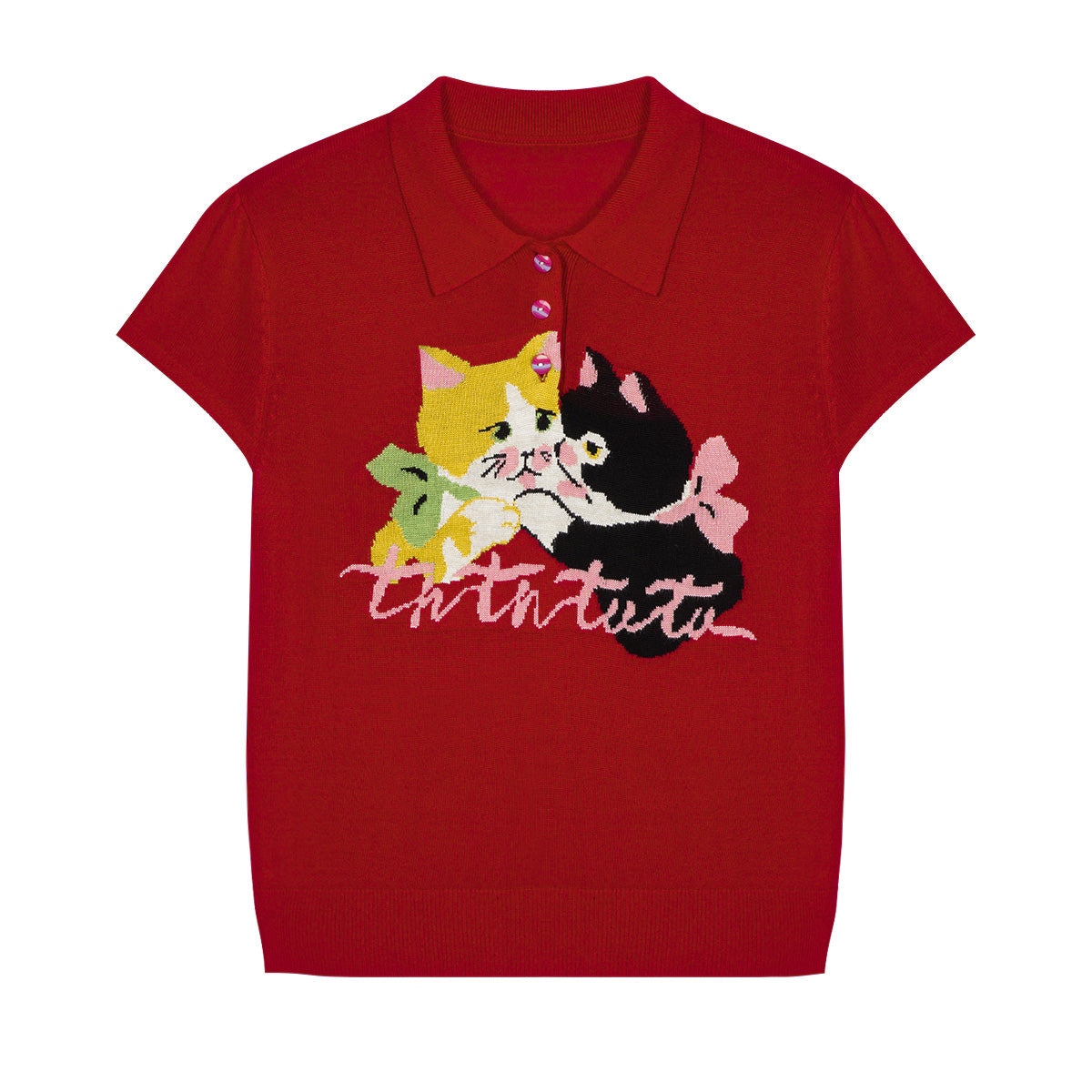 Tntntutu - Kawaii Red White Cat Knit Polo Shirt shirt tntntutu Red S