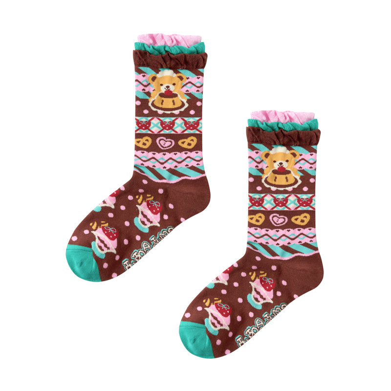 Lutra Jump - Kawaii Bear Stripe Pattern Lace Mid Socks socks Lutra Jump