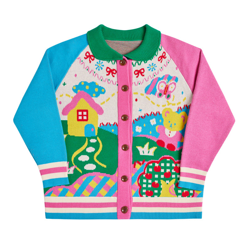 Lutra Jump Cardigan Cartoon Retro Cardigan Color-Blocked Collar Knitted Sweater cardigan Lutra Jump