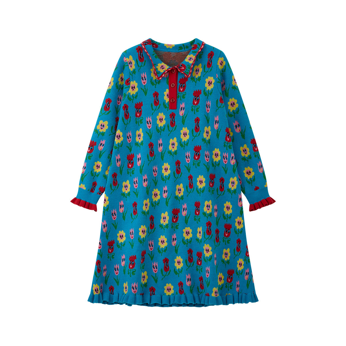 tntntutu - Kawaii Blue Cartoon Flower Knit Dress Long Sleeve dress tntntutu M