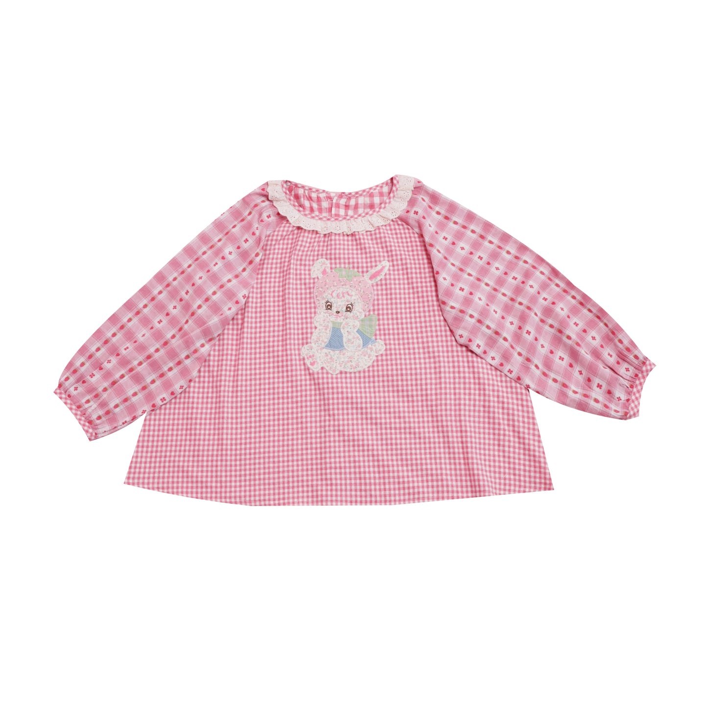 SemenCoicis Sweet Shirt Pink Plaid Blouse Strawberry Rabbit Shirt Lantern Sleeve Shirt shirt SemenCoicis