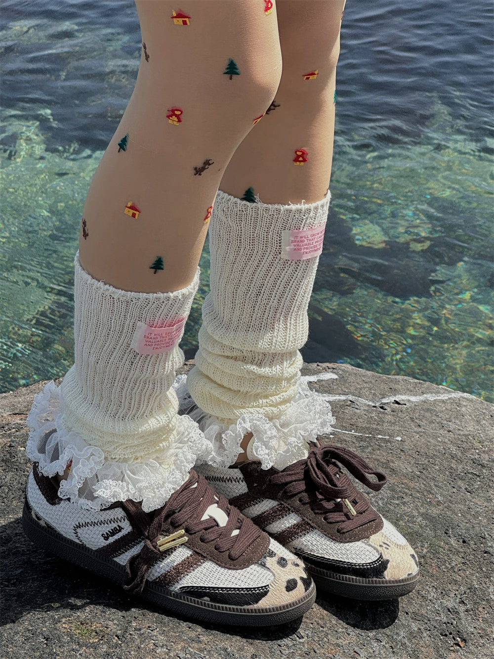 LET ME SEE – Balletcore Lace Leg Warmers with Logo Tag leg warmmers let me see Milky White