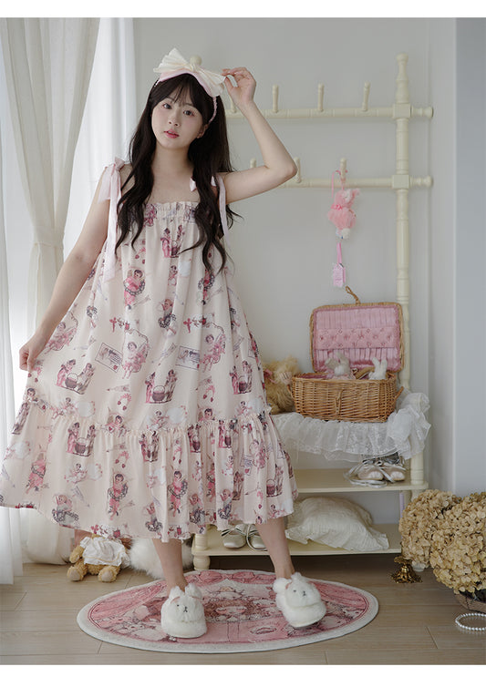 Labeau - Kawaii Ruffle Print Ribbon Strap Dress dress Labeau White
