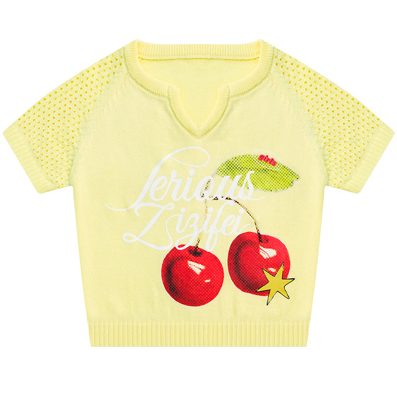 ziziFei - Girly Cherry Print V Neck Knit T Shirt shirt ziziFei