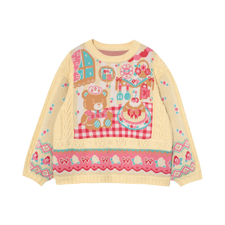 Lutra Jump Sweater Yellow Bear Lace Sweater Vintage Knitted Pullover Sweater sweater Lutra Jump