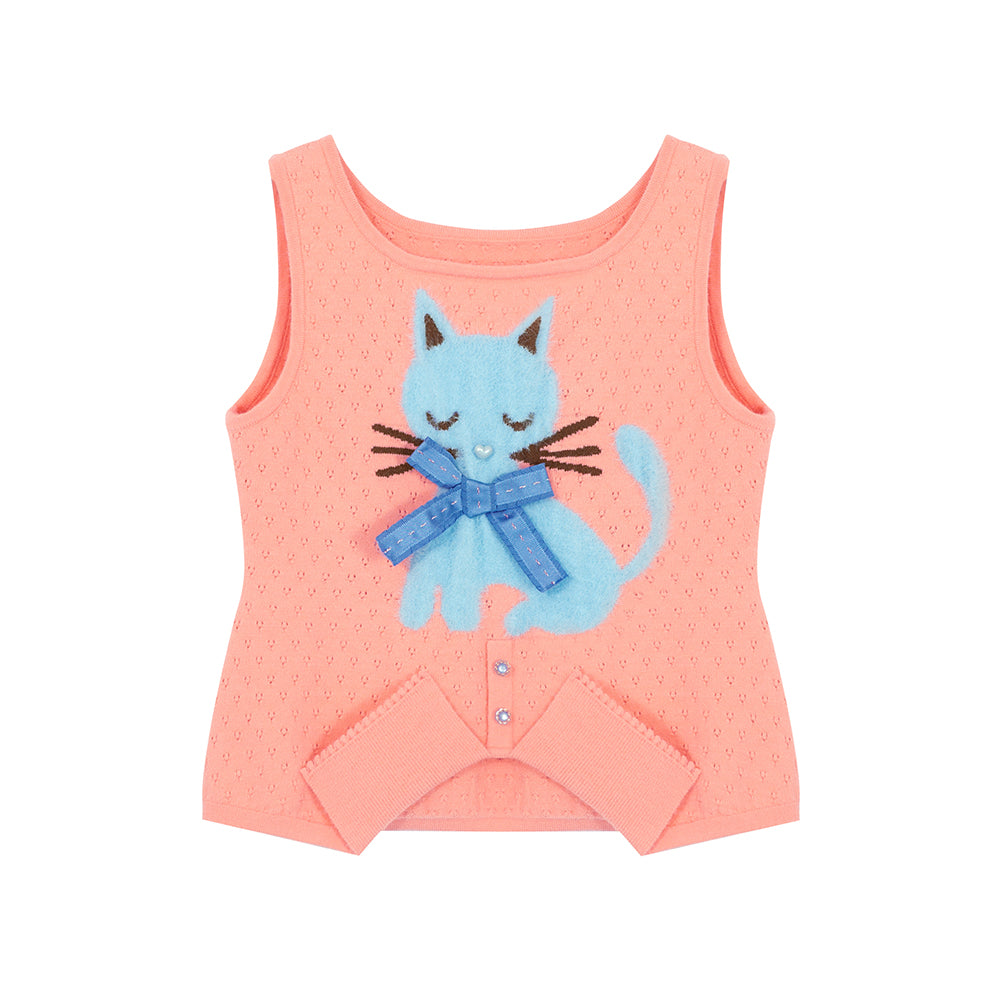tntntutu Orange Cat Knit Vest | Vintage Sleeveless Sweater | Cute Round Neck Tank vest tntntutu
