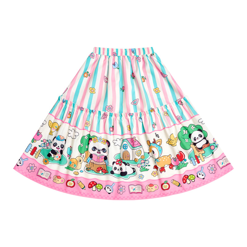 Lutra Jump Skirt Pink Green Striped Skirt Panda Cartoon Long Skirt skirt Lutra Jump