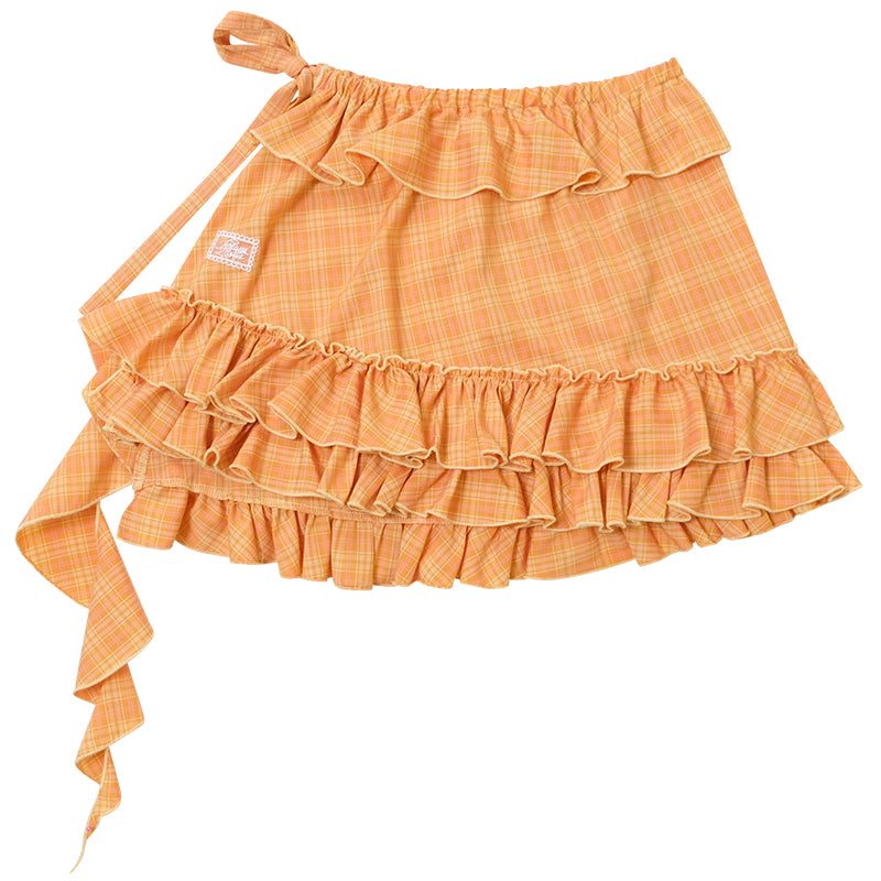 ziziFei - Girly Orange Plaid Ruffle Layered Peplum Skirt skirt ziziFei