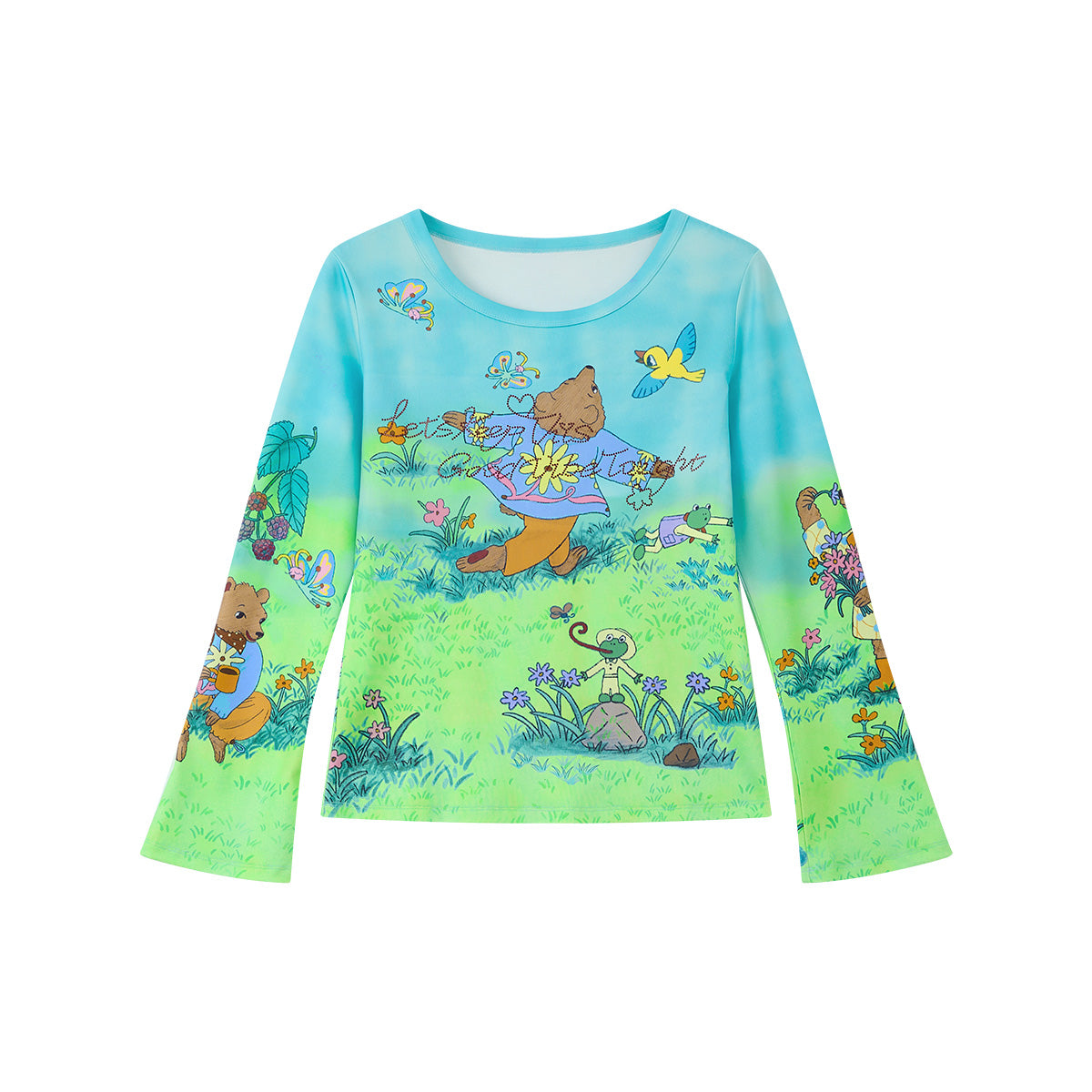 tntntutu - Blue Green Teddy Print Rhinestone Letter Stretch Top shirt tntntutu S