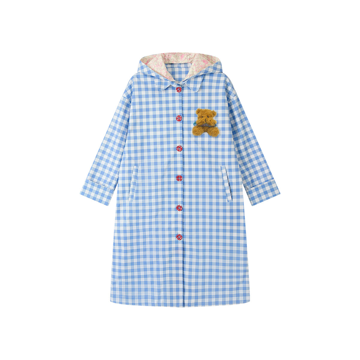 tntntutu - Blue Plaid Hooded Trench Coat w/ Bear Brooch Trench tntntutu