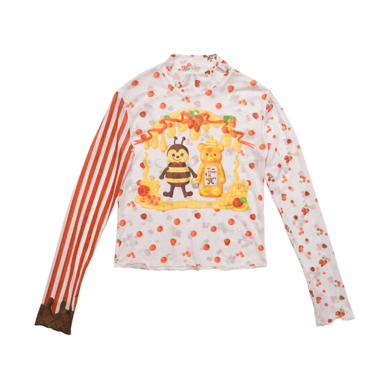 Harajuku Undershirt Striped Undershirt Mesh Stretch Undershirt Bee Berry Print Shirt shirt Meugler