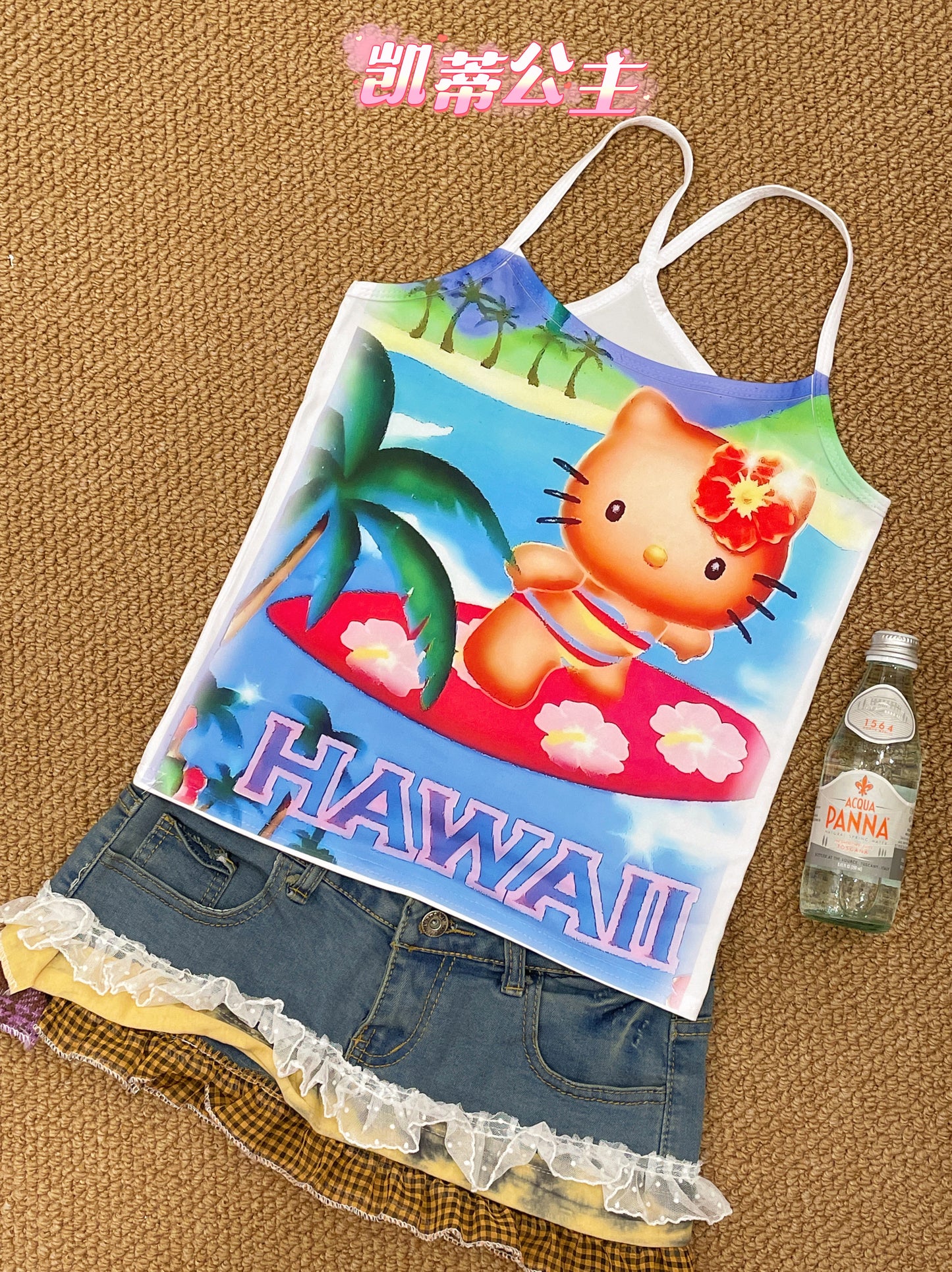 Princess Kitty - Decora Kei Summer Girl Print Tank Top camisole princess kitty Surfing Kitty S