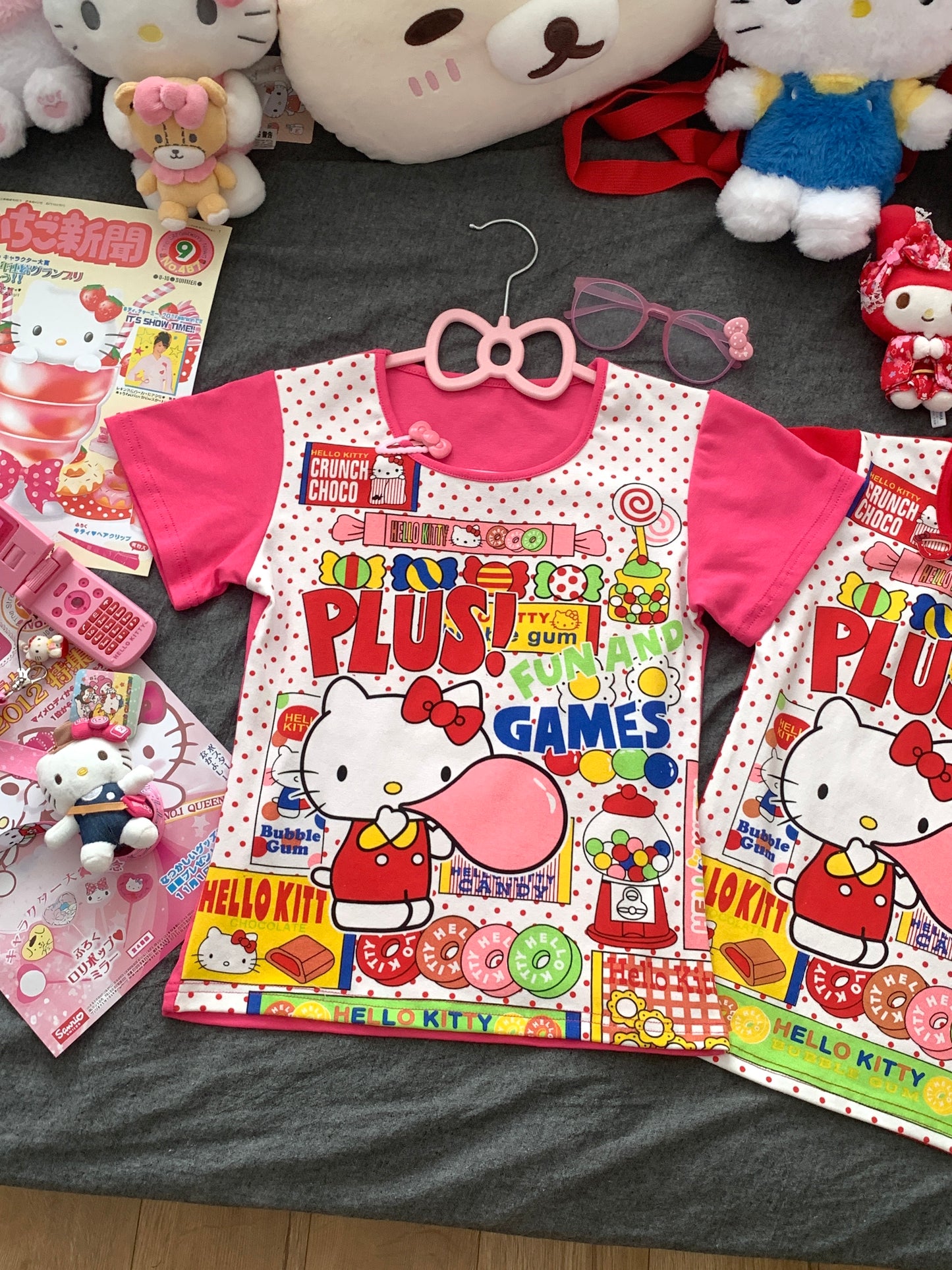 Decora Kei Set – Kitty Tee & Polka Dot Skirt set Blurred Bear Kitty Rose Red Top Only S