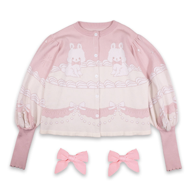 Meugler Bunny Cream Cake Lolita Sweet Bow Short Knitted Cardigan with Leg-of-Mutton Sleeves cardigan Meugler