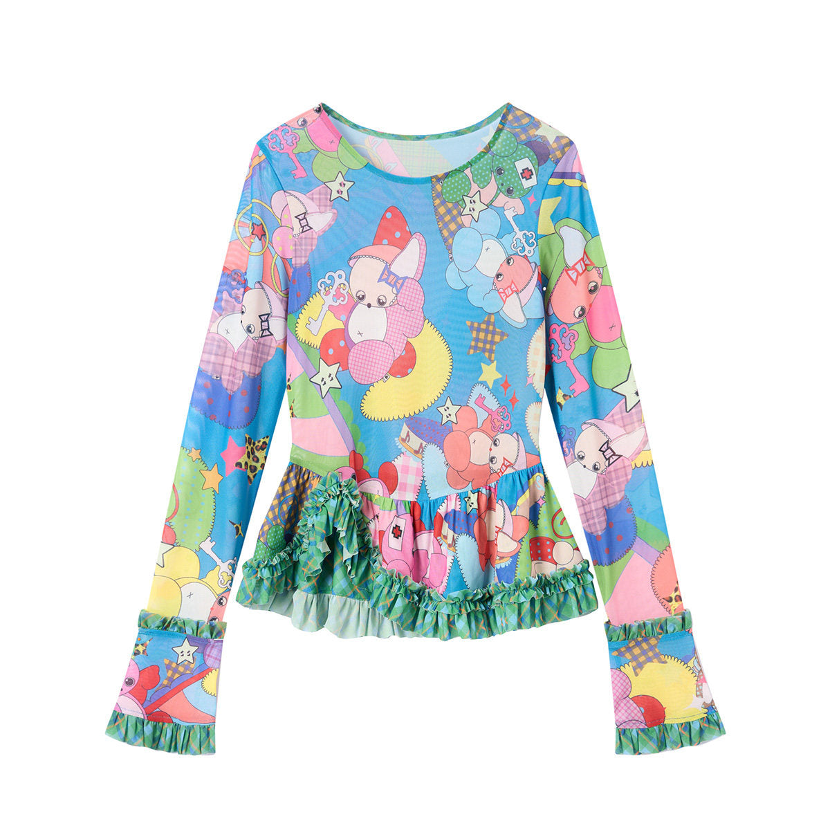 tntntutu - Cartoon Mesh Ruffle Top shirt tntntutu Blue S