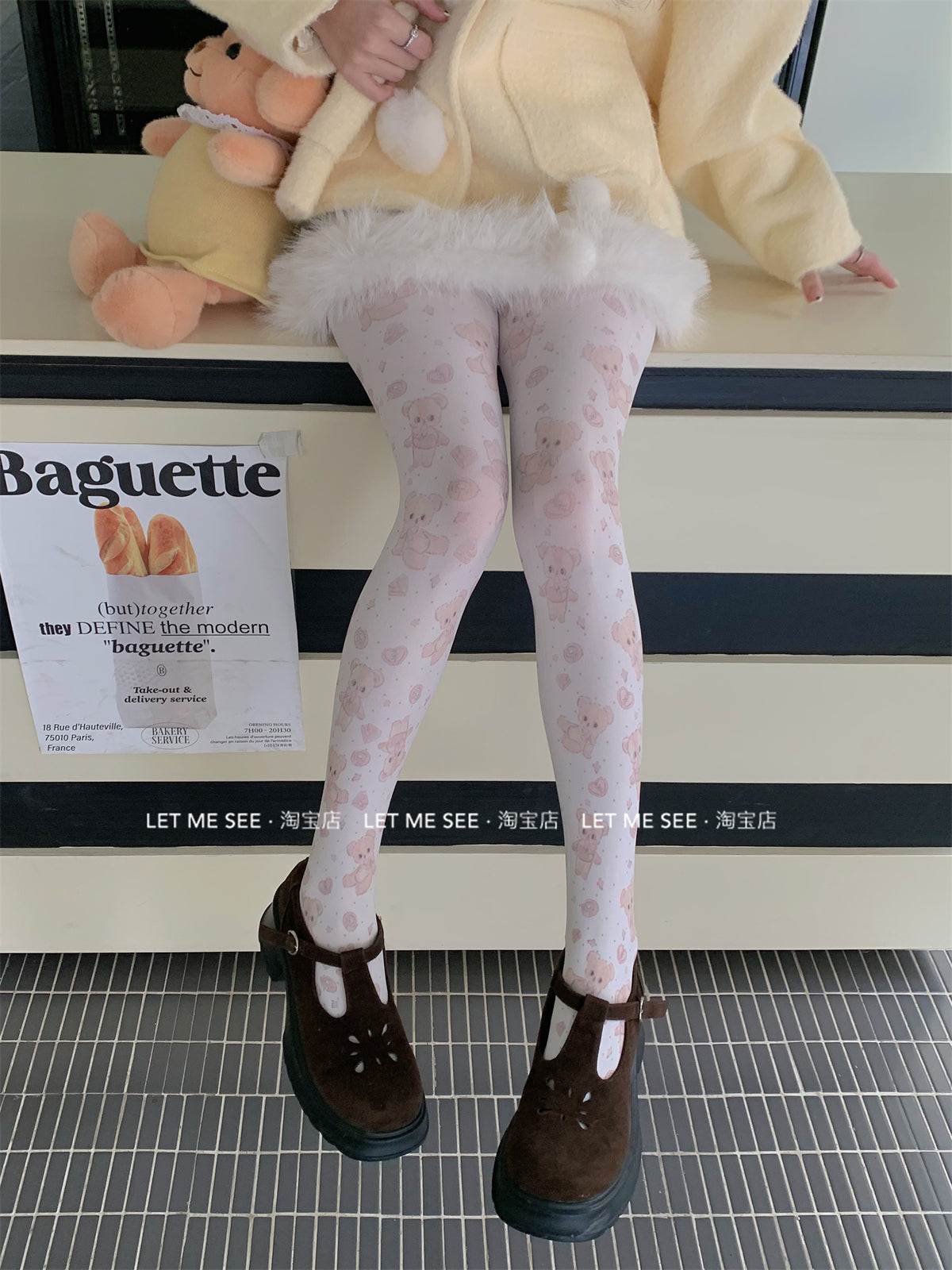 LET ME SEE Printed Velvet Tights | White Japanese-Style Pantyhose tights let me see Love Bear