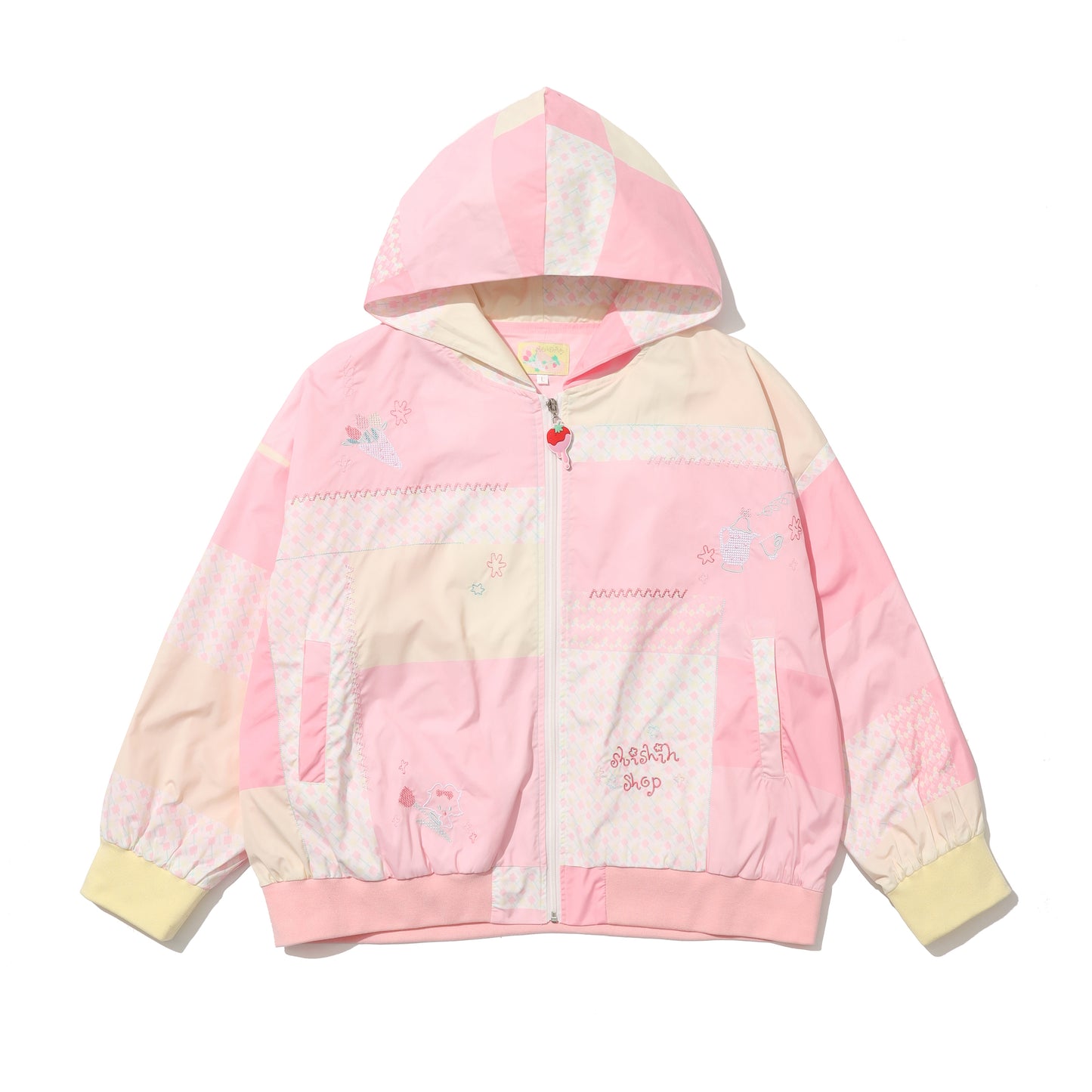 shishihshop Strawberry Hooded Jacket | Embroidered Patchwork Zip-Up Windbreaker jacket shishihshop Pink L