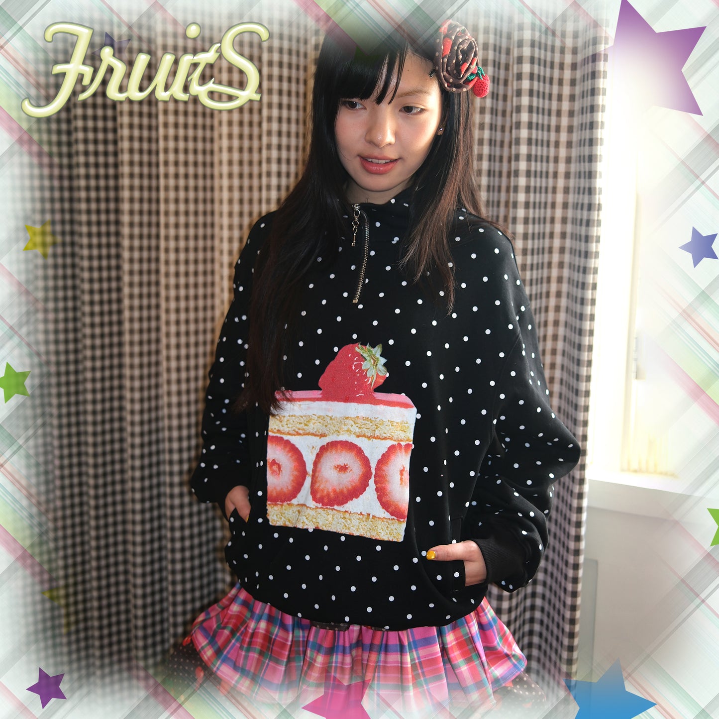 FRUITS - Kawaii Strawberry Print Fleece Sweatshirt sweatshirt Fruits Black S