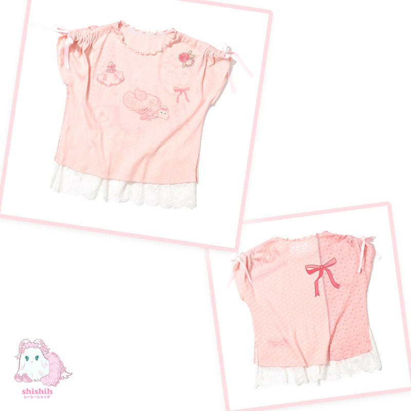 shishihshop – Retro Showa Drawstring Tee with Lace & Original Print tshirt shishihshop Pink