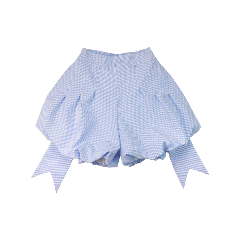 Meugler Animal Paradise Blue Plaid Jacquard Fabric Cute Garlic Flower Bud Pleated Skort shorts Meugler blue grid S