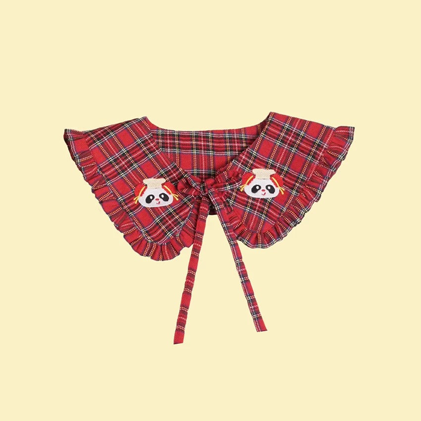 NIKKOU - Red Plaid Embroidered Detachable Collar collar Nikkou home Panda